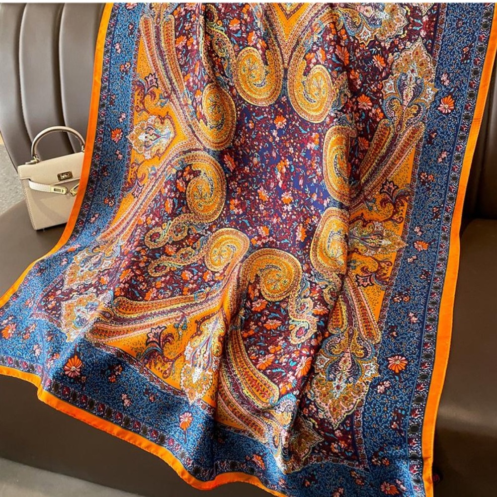 Boho Paisley Floral Square Scarf – Multicolor Navy Orange Silky Wrap Shawl